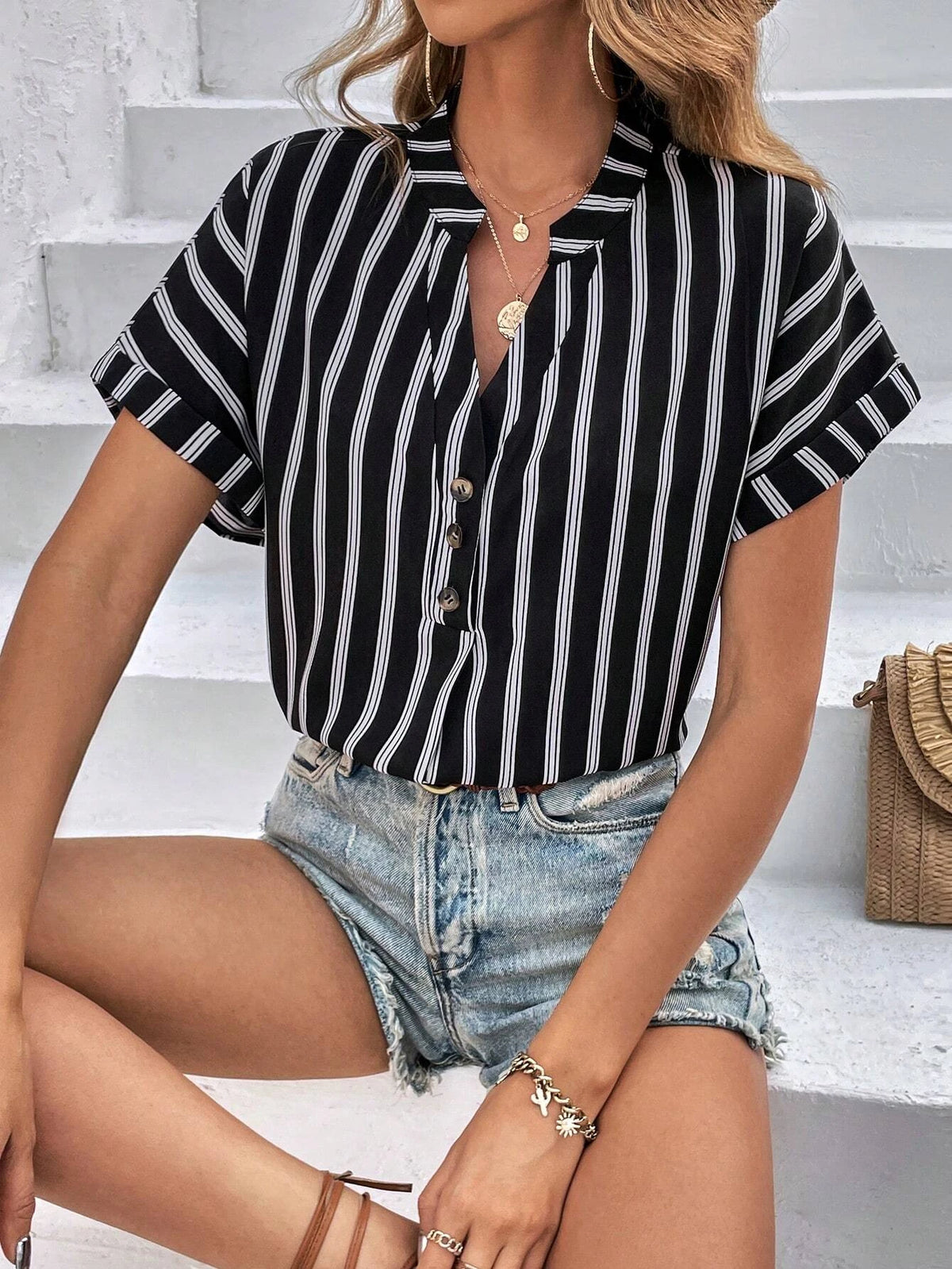 Striped Print Half Button Batwing Sleeve Blouse