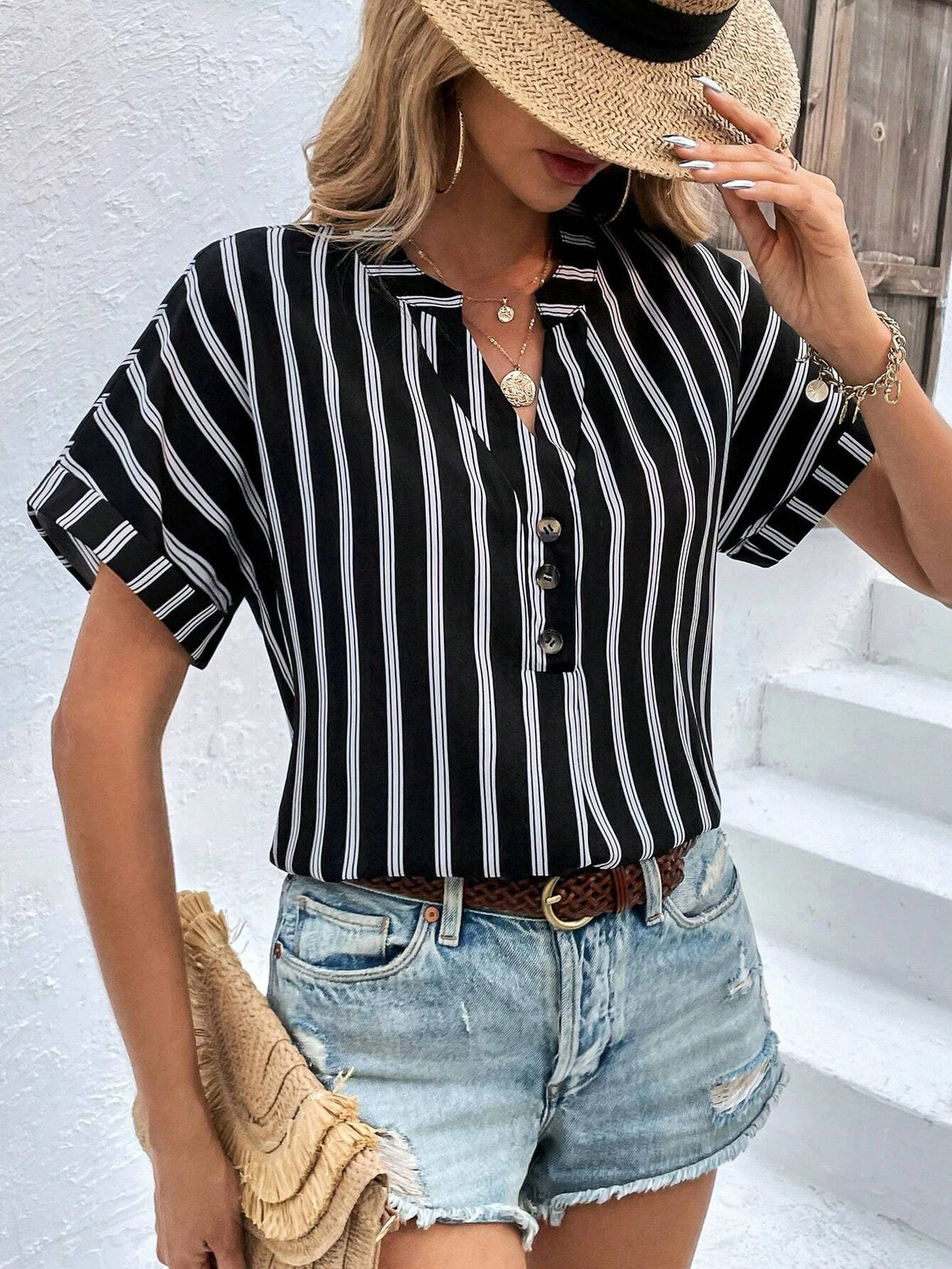Striped Print Half Button Batwing Sleeve Blouse