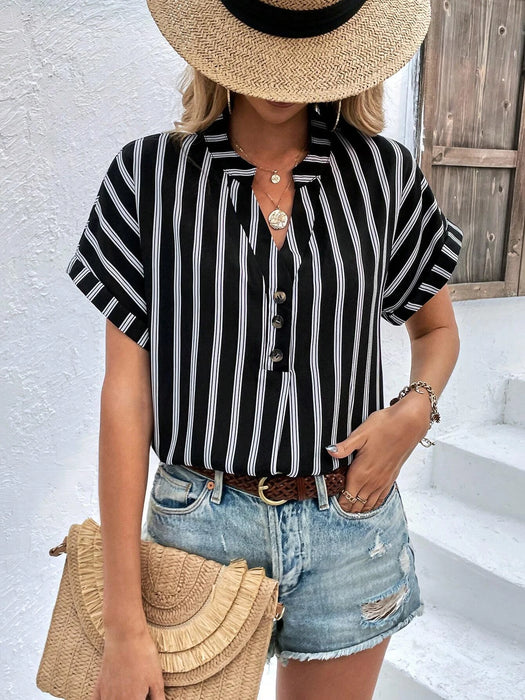 Striped Print Half Button Batwing Sleeve Blouse