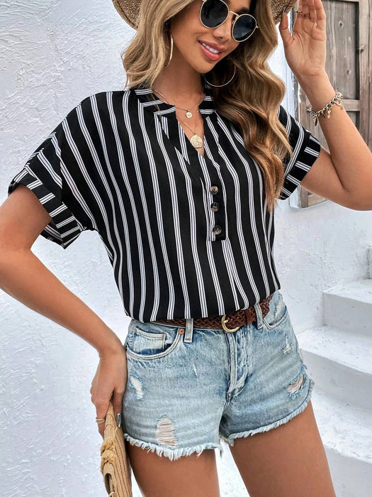 Striped Print Half Button Batwing Sleeve Blouse