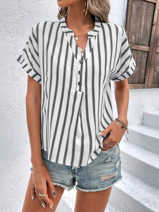 Striped Print Half Button Batwing Sleeve Blouse