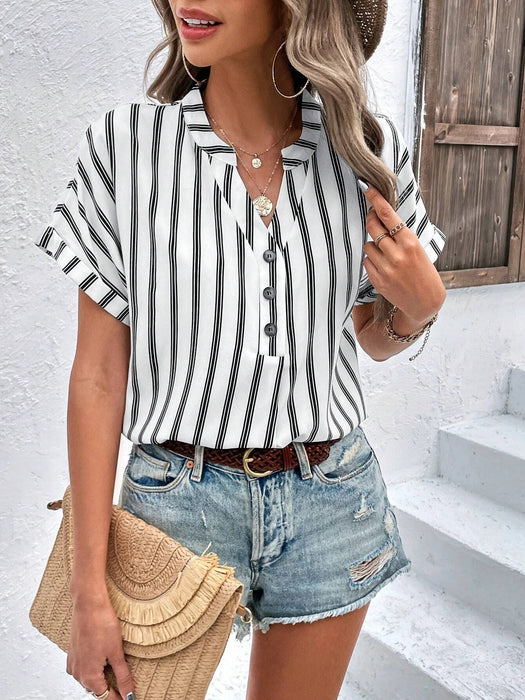 Striped Print Half Button Batwing Sleeve Blouse