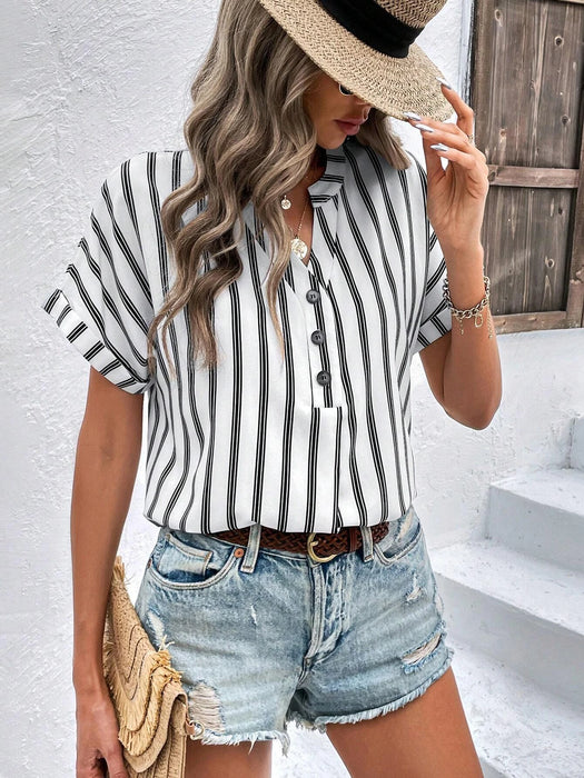 Striped Print Half Button Batwing Sleeve Blouse