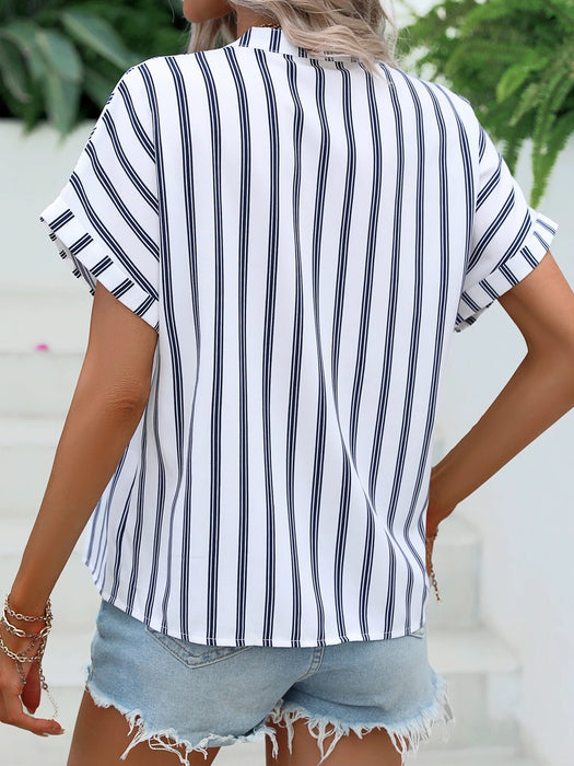 Striped Print Half Button Batwing Sleeve Blouse