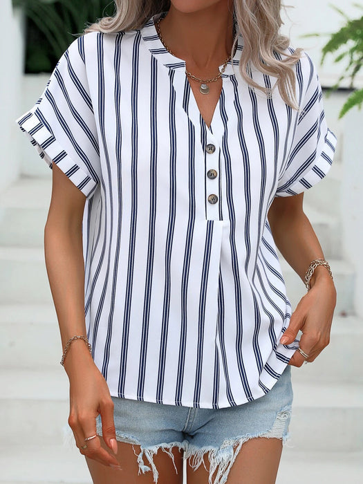 Striped Print Half Button Batwing Sleeve Blouse