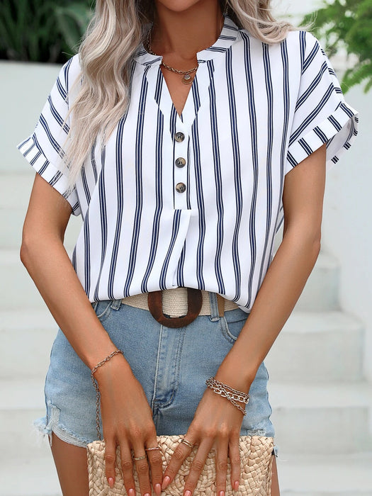 Striped Print Half Button Batwing Sleeve Blouse