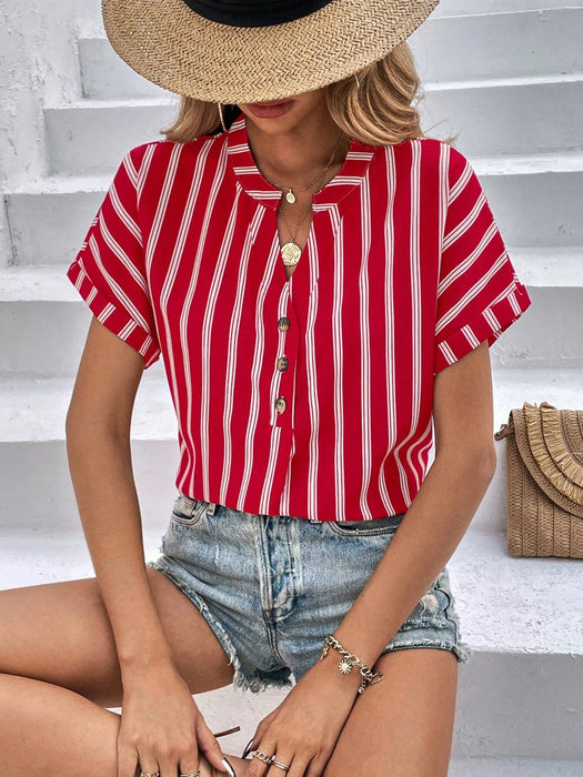 Striped Print Half Button Batwing Sleeve Blouse