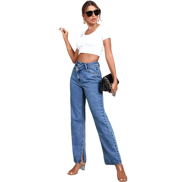 Asymmetrical Waist Straight Leg Denim Jeans