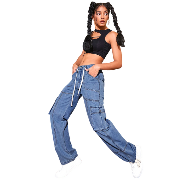 90s Street Drawstring Waist Flap Pocket Cargo Jeans