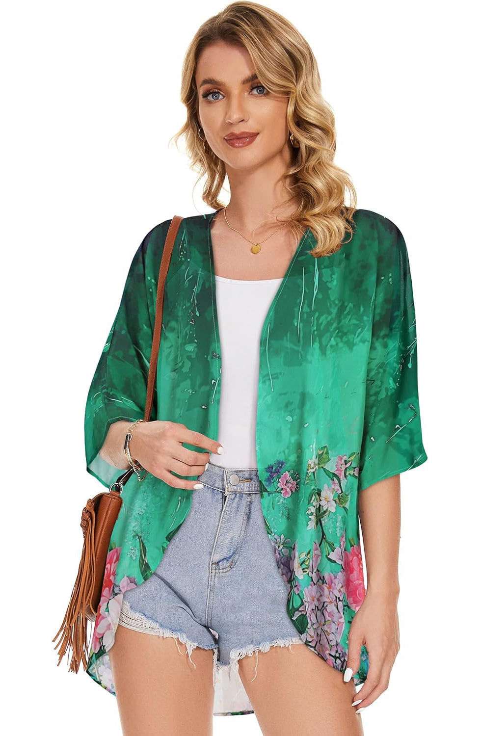 Women Floral Puff Sleeve Kimono Cardigan