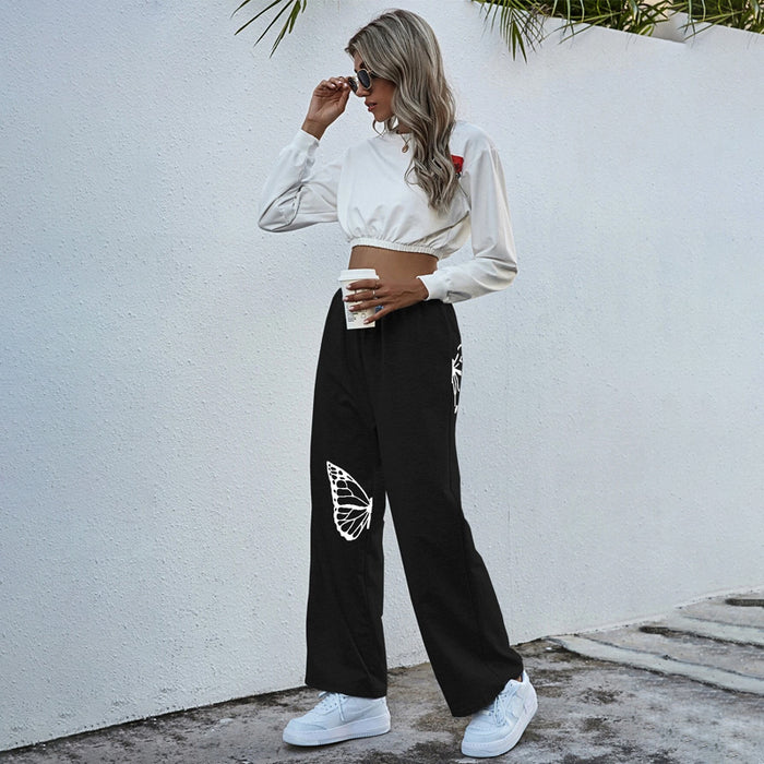 Butterfly Print Elastic Waist Sweatpants