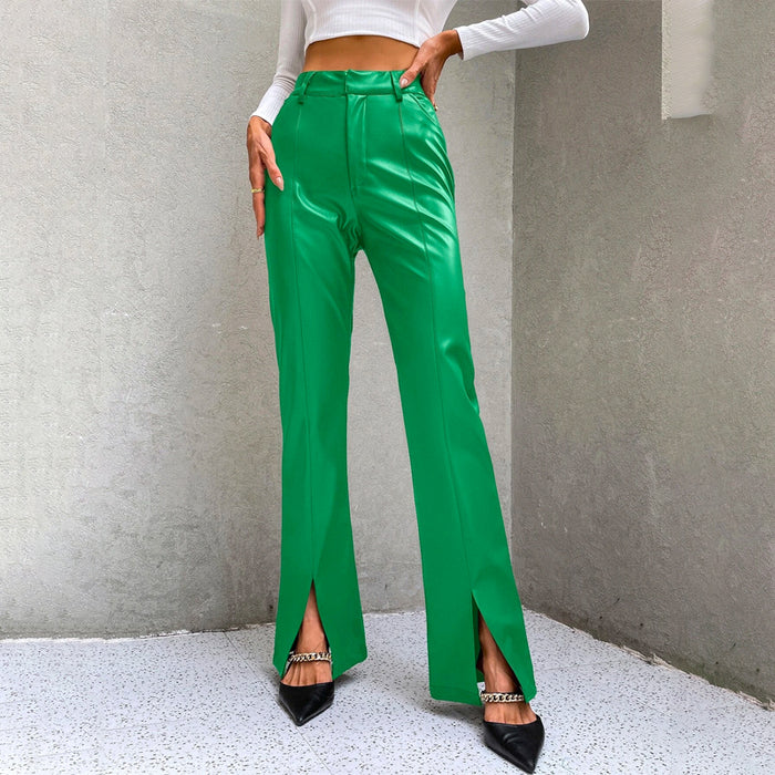 High Waist Slit Hem PU Leather Flare Leg Pants