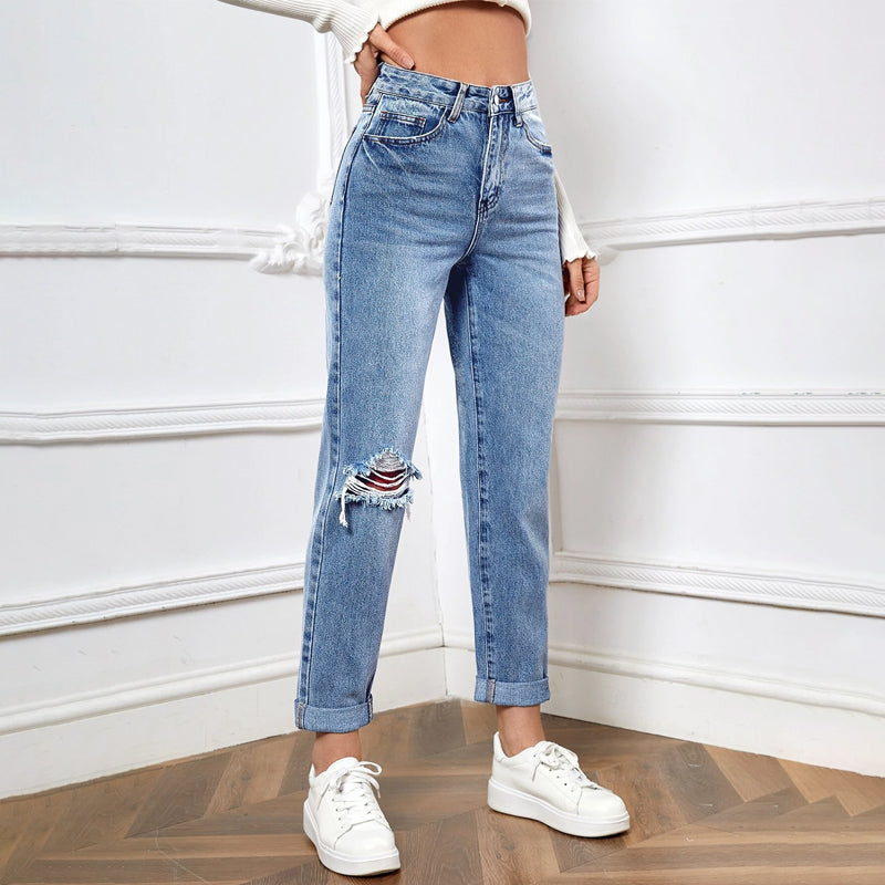 High Waist Ripped Mom Fit Jeans