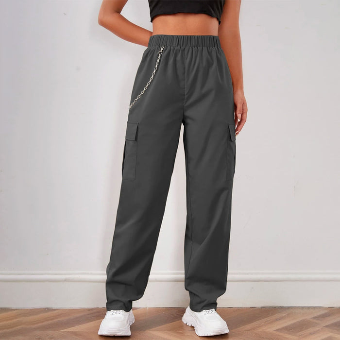 Elastic Waist Cargo Pants With Chain