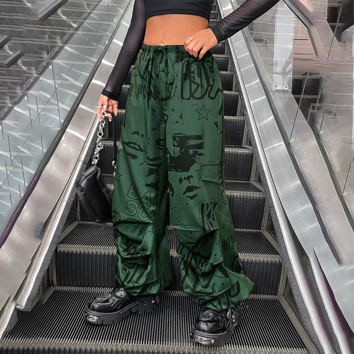 Graphic Drawstring Waist Parachute Pants