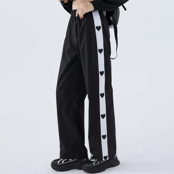 Black Heart Print Contrast Side Seam Pants