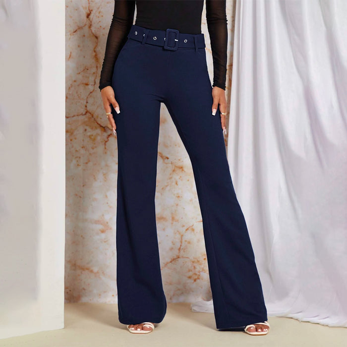 Plain Solid Flare Leg Belted Pants