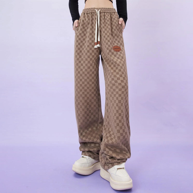 Drawstring Waist Checker Print Letter Patched Sweatpants