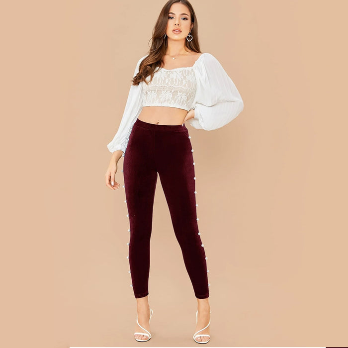 Pearl Beaded Velvet Skinny Pants