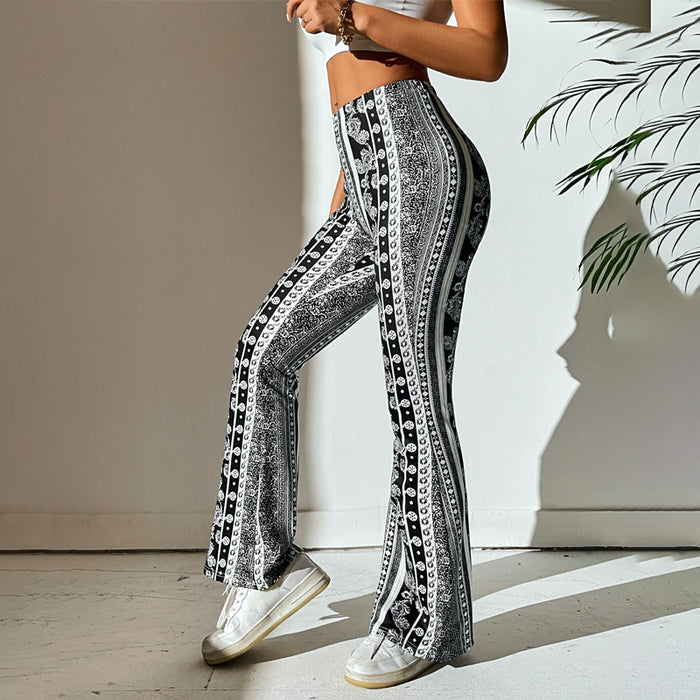 Striped And Floral Print Flare Leg Pant