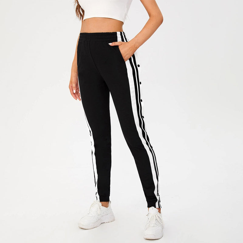 Side Stripe Button Detail Slit Hem Sweatpants