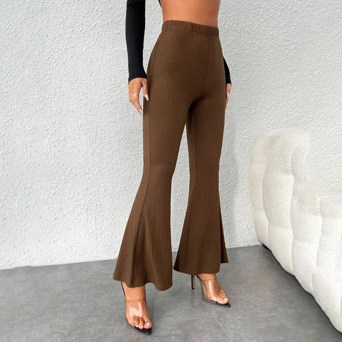 High Waist Rib Knit Flare Leg Pants