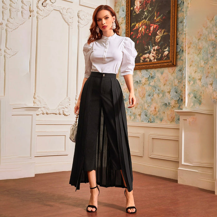 High Waist Solid Cropped Pants With Pleated Skirt