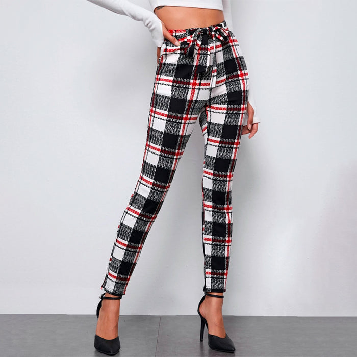 Checked Self Belted Plaid Skinny Pants