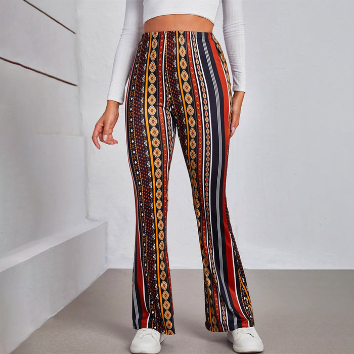 Geo And Striped Print Flare Leg Pants