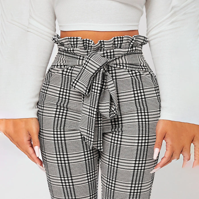 Plaid Print Petite Waist Knot Front Pants