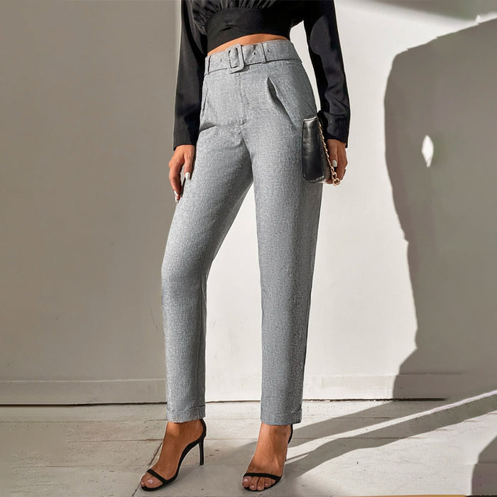 Solid Straight Leg Casual Belted Pants