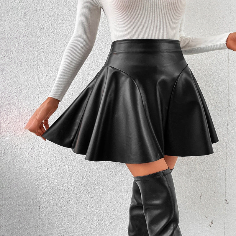 Solid Zipper Back Flare PU Leather Skirt