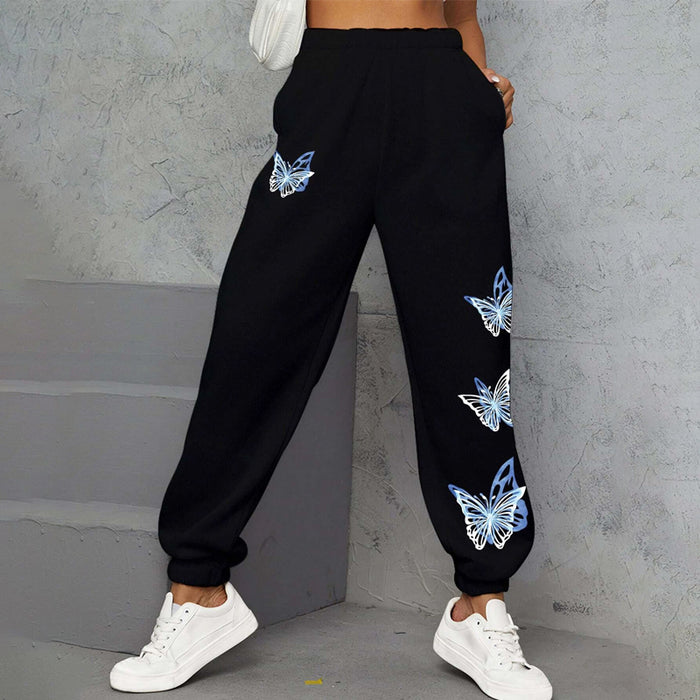 Butterfly Print Elastic Waist Easy Wear Sweatpants