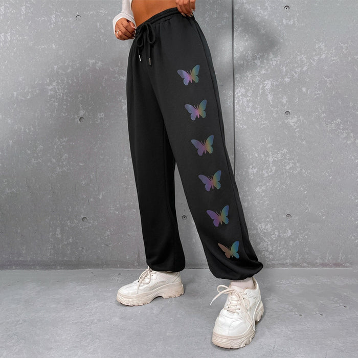 Reflective Butterfly Print Drawstring Waist Sweatpants