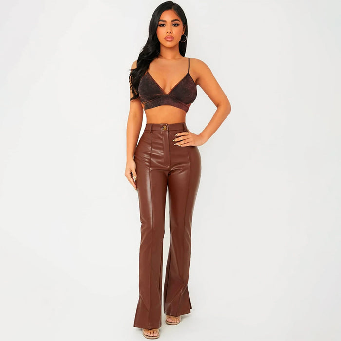 Zipper Fly Seam Front Split Hem Leather Pants