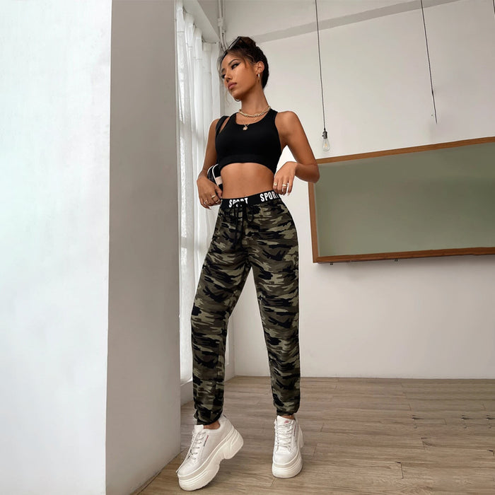 Camo Print Knot Front Letter Tape Sweatpants