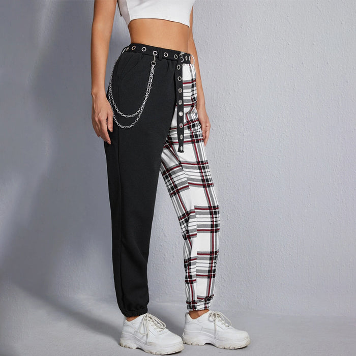 Color Block Tartan Chain Detail Belted Pants