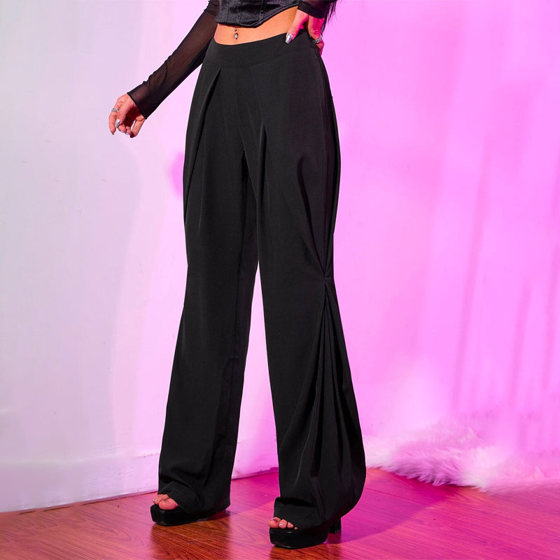 Fold Pleated Detail Zip Side Wide Leg Pants