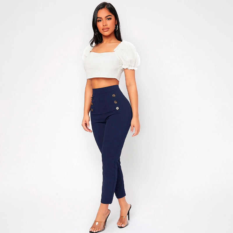 High Waist Double Button Skinny Cropped Pants