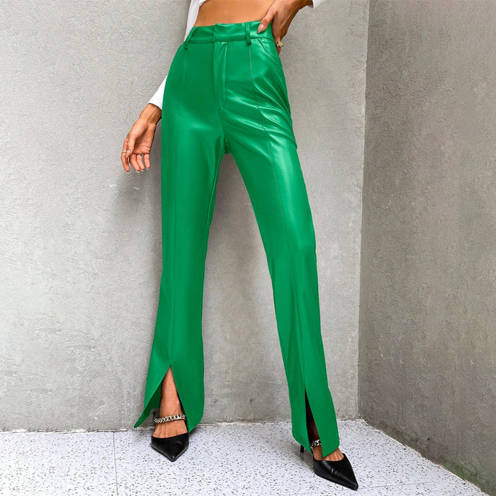 High Waist Slit Hem PU Leather Flare Leg Pants