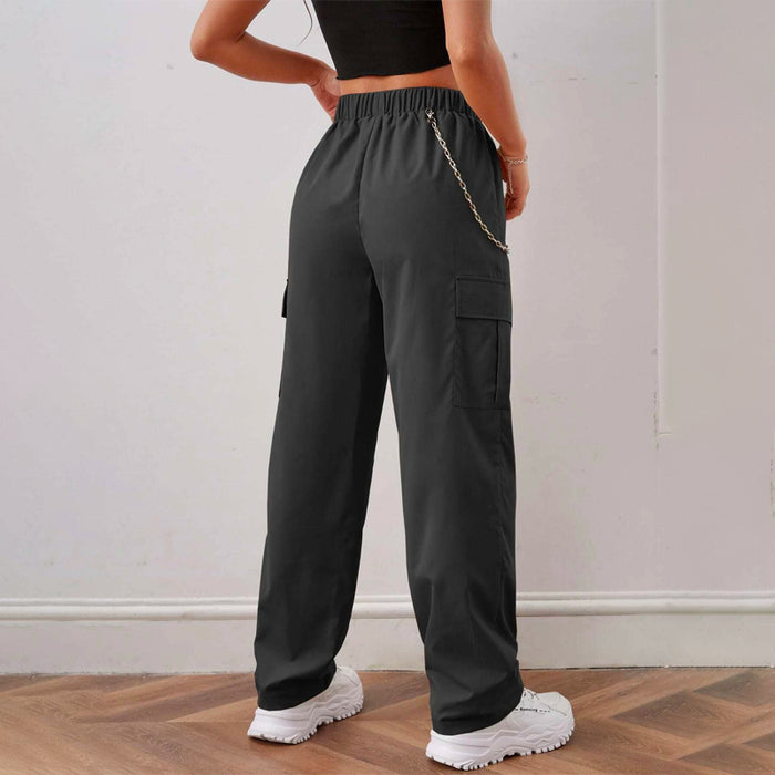 Elastic Waist Cargo Pants With Chain