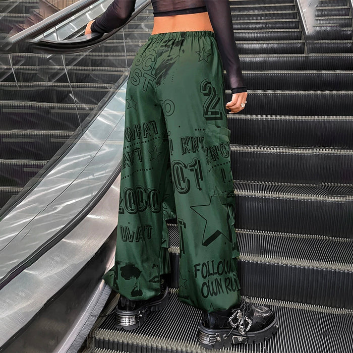 Graphic Drawstring Waist Parachute Pants