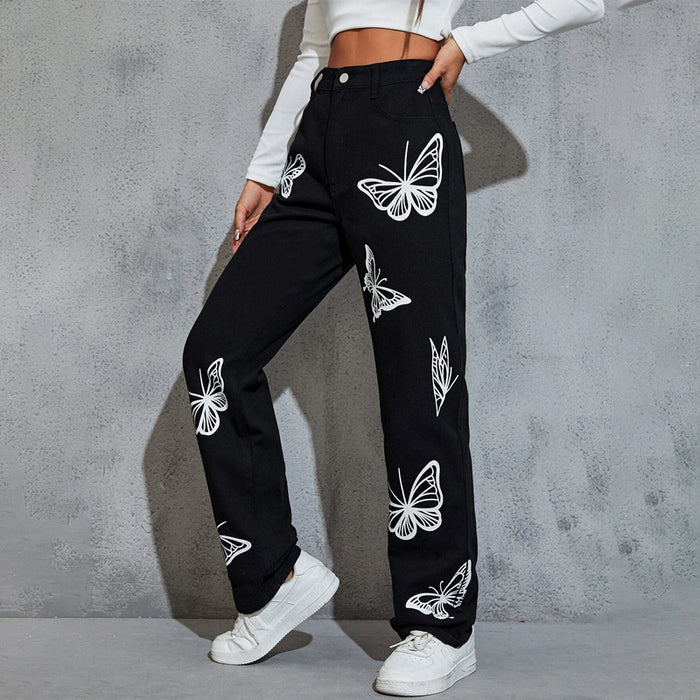 High Waist Butterfly Print Straight Leg Pants