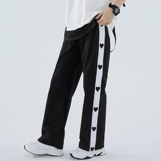 Black Heart Print Contrast Side Seam Pants