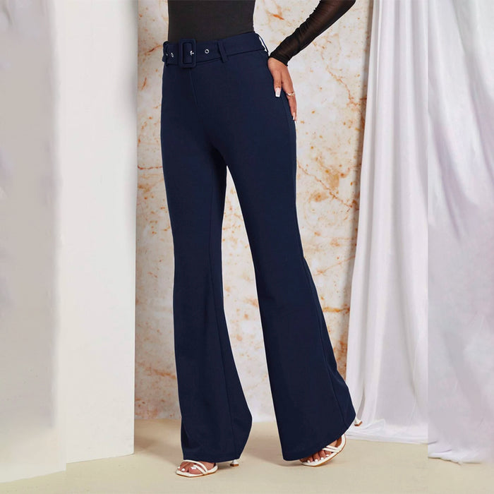 Plain Solid Flare Leg Belted Pants