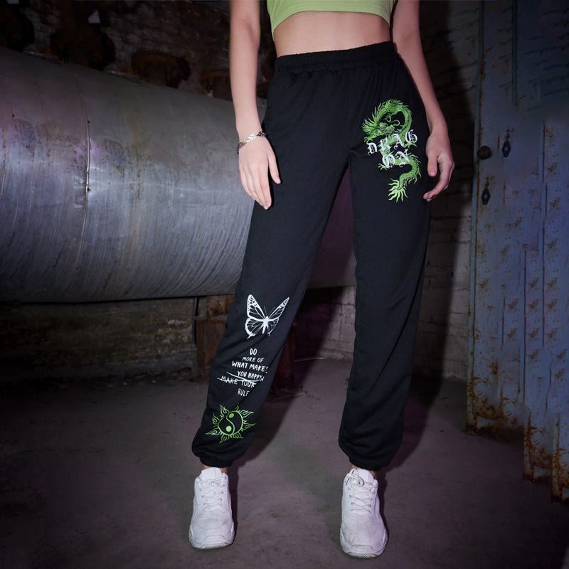 Grunge Punk Butterfly & Dragon Graphic Sweatpants