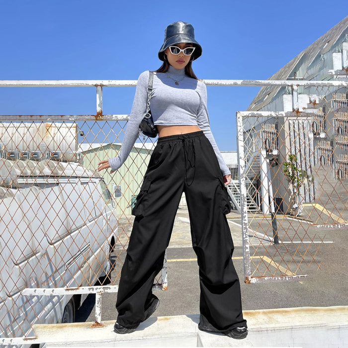 Flap Pocket Side Drawstring Waist Cargo Pants