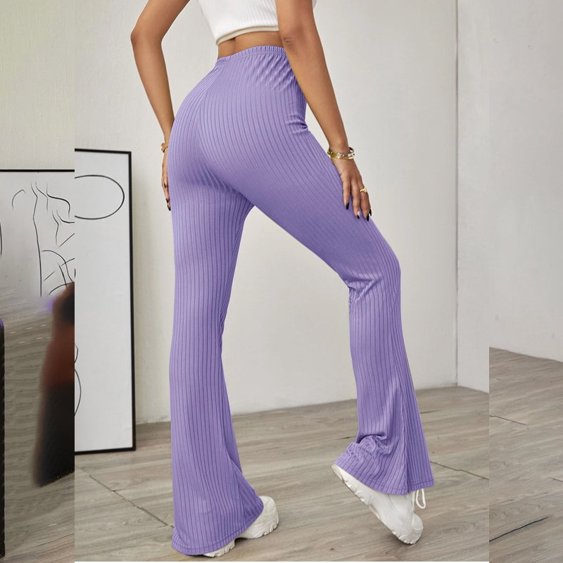 Easy Wear Solid Ribbed Flared Leg Pants