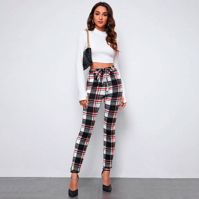 Checked Self Belted Plaid Skinny Pants