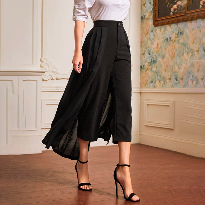 High Waist Solid Cropped Pants With Pleated Skirt